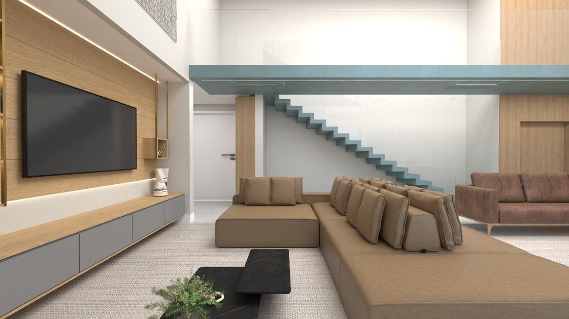 Exemplo: Projeto 3D Meneghisso & Pasquotto Arquitetura, que utilizou um sofá-ilha de couro