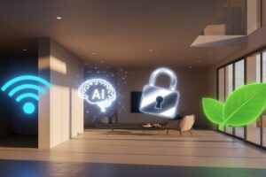 Casas inteligentes em 2025: quais tecnologias de automação vão transformar meu lar em 2025 Tecnologia em casas inteligentes 2025, com automação, segurança, IA e 5G para um lar conectado e sustentável. Imagem gerada por IA