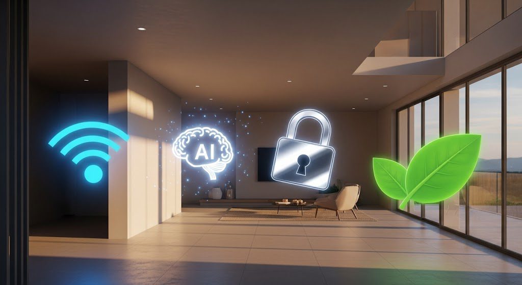 Casas inteligentes em 2025: quais tecnologias de automação vão transformar meu lar em 2025 Tecnologia em casas inteligentes 2025, com automação, segurança, IA e 5G para um lar conectado e sustentável. Imagem gerada por IA