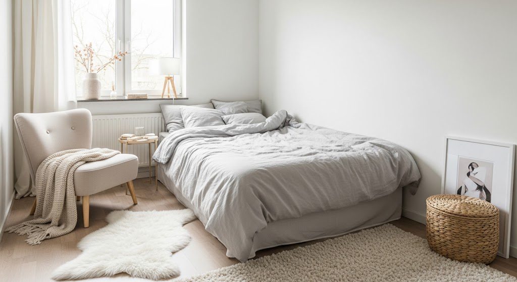Cores para ambientes pequenos: amplie seu espaço com paletas claras e neutras Quarto decorado com cores claras e neutras. Foto gerada por IA