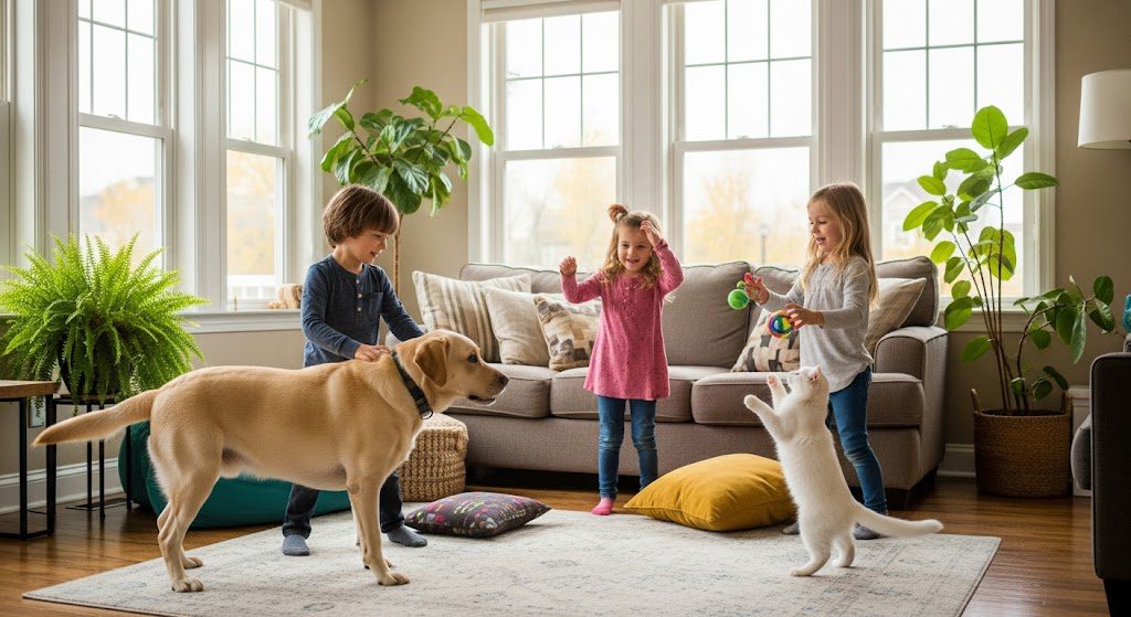 Plantas tóxicas: evite riscos para crianças e pets em casa Crianças e pets convivem bem com plantas. Imagem criada por IA