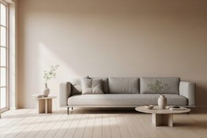Sala de estar com decoração minimalista. Imagem criada com IA