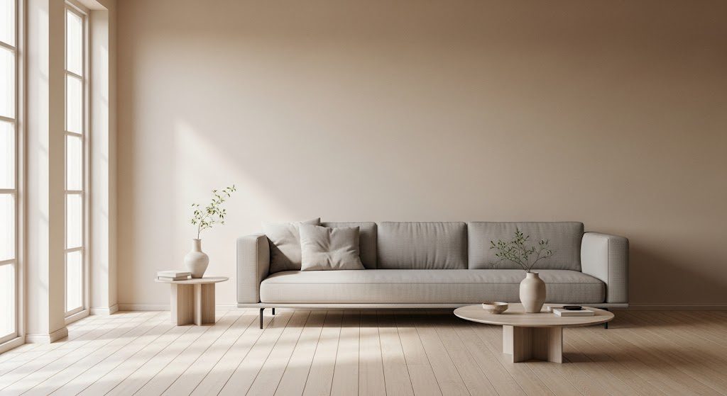 Minimalismo na decoração: dicas para aplicar em qualquer ambiente da casa Sala de estar com decoração minimalista. Imagem criada com IA