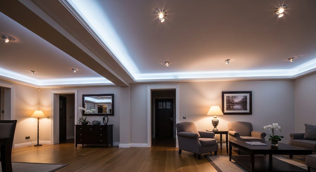 Como distribuir a iluminação: elimine sombras e crie profundidade no ambiente Ambiente interno com iluminação estrategicamente distribuída. Imagem criada com IA