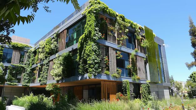 Arquitetura Verde e Sustentabilidade: Tendências Essenciais para 2025 Edifício moderno com elementos de arquitetura verde, como fachada vegetal, representando a sustentabilidade na construção civil em 2025. Imagem gerada com IA