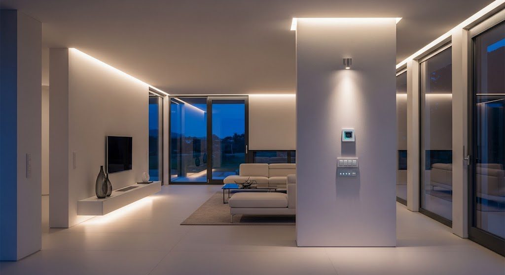 Automação residencial e iluminação inteligente: benefícios para seu lar Sala de estar moderna com iluminação inteligente. Imagem criada com IA