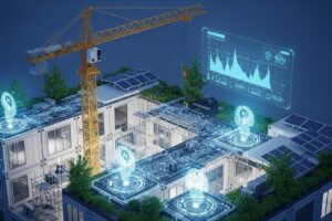 IA na Construção: Inovações para Edifícios Mais Sustentáveis e Seguros Ilustração de inteligência artificial otimizando processos de construção para sustentabilidade e segurança, com elementos de design e tecnologia. Foto gerada com IA