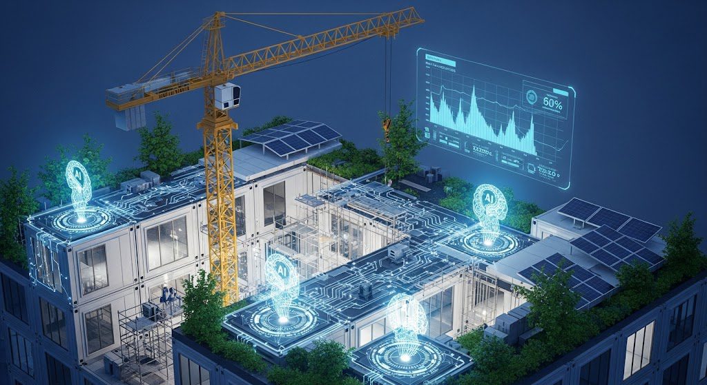 IA na Construção: Inovações para Edifícios Mais Sustentáveis e Seguros Ilustração de inteligência artificial otimizando processos de construção para sustentabilidade e segurança, com elementos de design e tecnologia. Foto gerada com IA