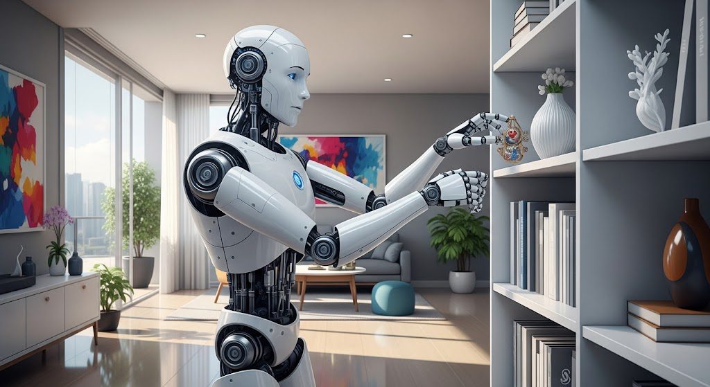 Robôs domésticos do futuro: inovações que transformarão sua casa Robô doméstico do futuro com braços robóticos, interagindo em uma casa inteligente. Imagem gerada por IA