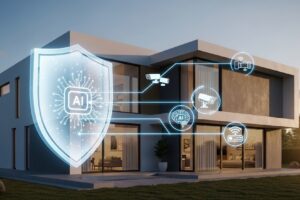 Segurança Inteligente para o Lar Moderno 2025: IA, IoT e Proatividade Tecnologia de segurança inteligente em casa moderna. Imagem gerada com IA