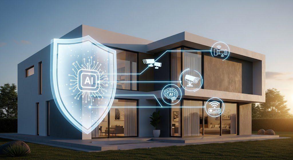 Segurança Inteligente para o Lar Moderno 2025: IA, IoT e Proatividade Tecnologia de segurança inteligente em casa moderna. Imagem gerada com IA