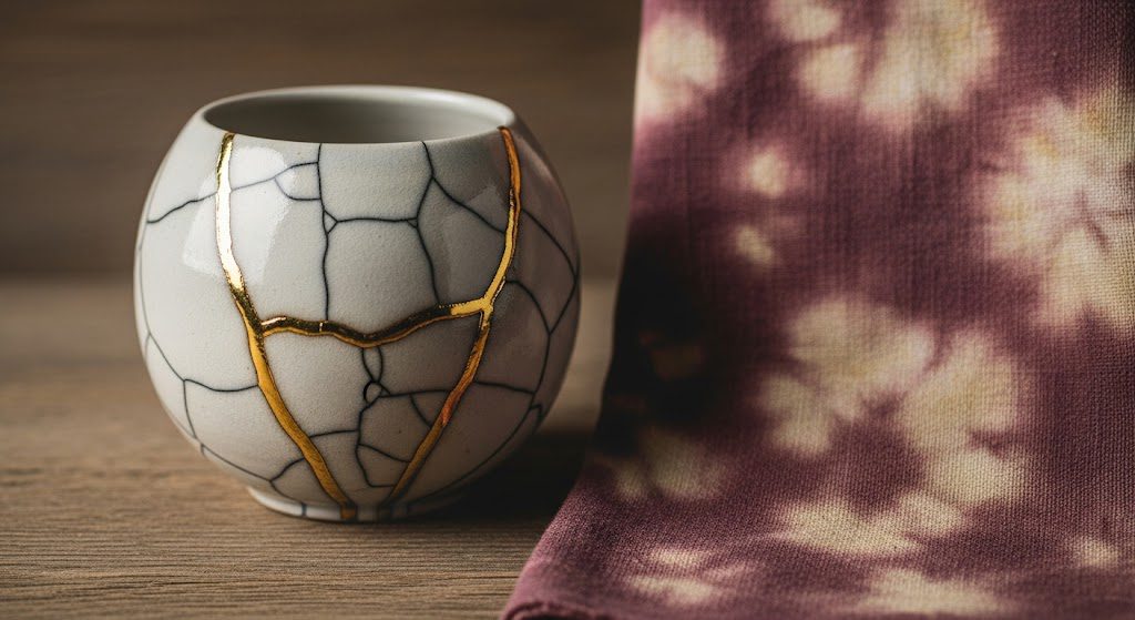 Técnicas artesanais: a beleza da imperfeição no design com materiais naturais Peça de cerâmica kintsugi e tecido tingido naturalmente. Imagem gerada por IA