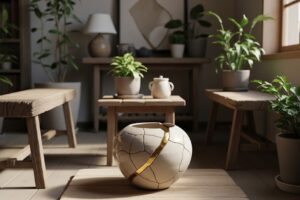 Ambiente decorado no estilo wabi-sabi. Imagem gerada por IA
