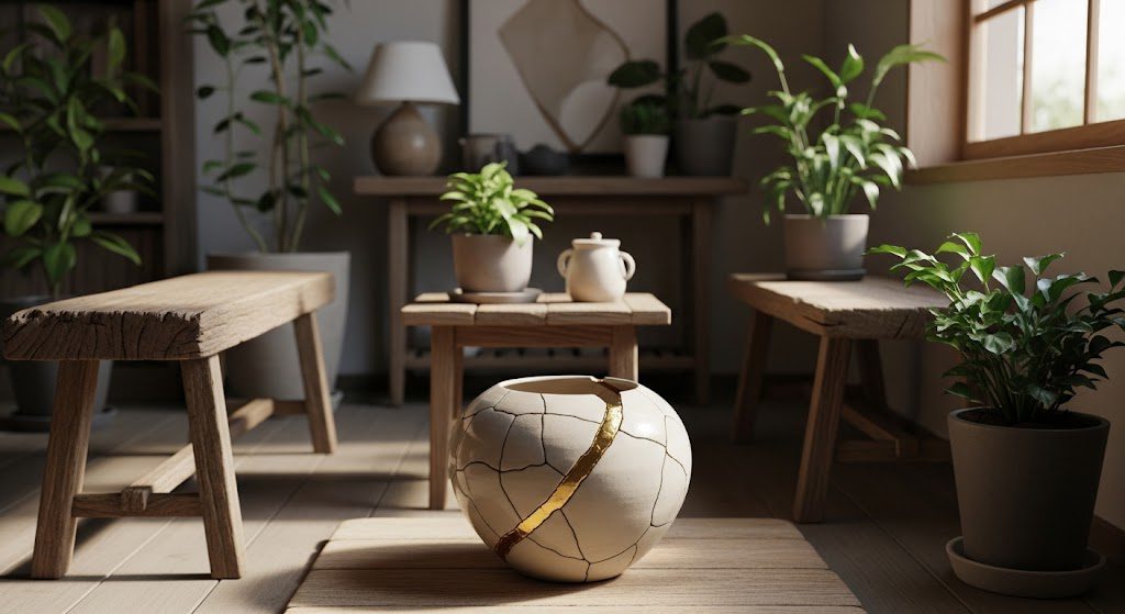 Wabi-Sabi no design: elementos chave que celebram a imperfeição e a natureza Ambiente decorado no estilo wabi-sabi. Imagem gerada por IA