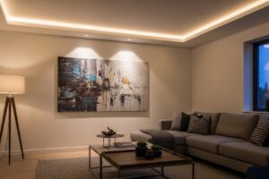 Sala de estar com projeto de iluminação. Foto gerada com IA