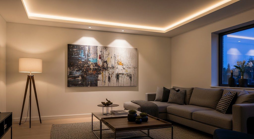 Design de iluminação residencial: guia completo para transformar sua casa Sala de estar com projeto de iluminação. Foto gerada com IA
