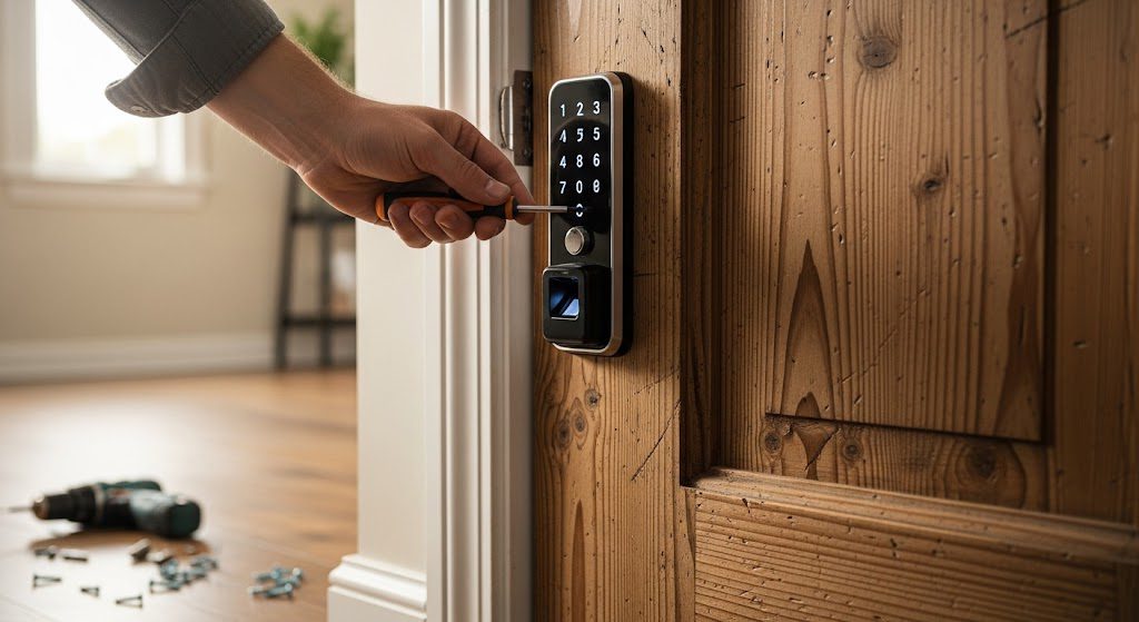 Como instalar fechadura digital: guia passo a passo completo para sua casa Instalação de fechadura digital. Foto gerada com IA