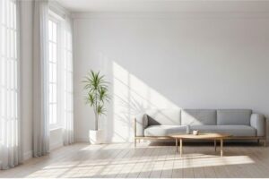 Simplicidade na decoração: como o minimalismo transforma casas e apartamentos Sala de estar minimalista. Imagem criada com IA