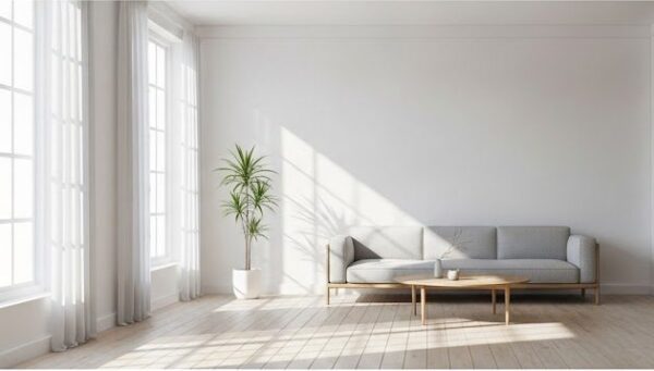 Simplicidade na decoração: como o minimalismo transforma casas e apartamentos Sala de estar minimalista. Imagem criada com IA