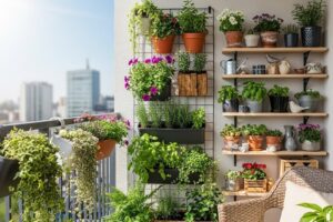Como combinar vasos verticais e prateleiras para ampliar seu espaço Varanda decorada com prateleiras e vasos com plantas. Foto criada com IA