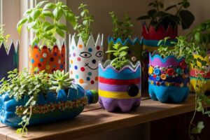Vasos de plantas utilizando garrafa PET. Foto gerada com IA