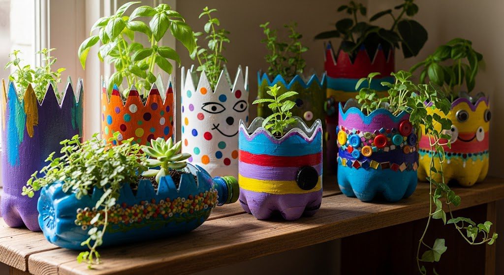 Objetos decorativos: 6 ideias para reutilizar embalagens em casa Vasos de plantas utilizando garrafa PET. Foto gerada com IA