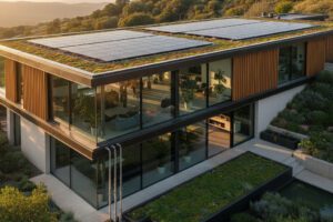 Projeto residencial com telhado verde e painéis solares. Imagem gerada por IA