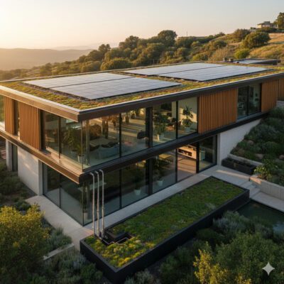 Arquitetura Sustentável: 5 grandes vantagens para o seu projeto e para o planeta Projeto residencial com telhado verde e painéis solares. Imagem gerada por IA
