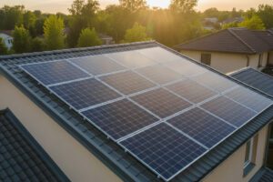 Energia Solar Residencial: guia completo sobre funcionamento e benefícios Sistema de painéis solares instalados no telhado de uma casa. Foto gerada por IA