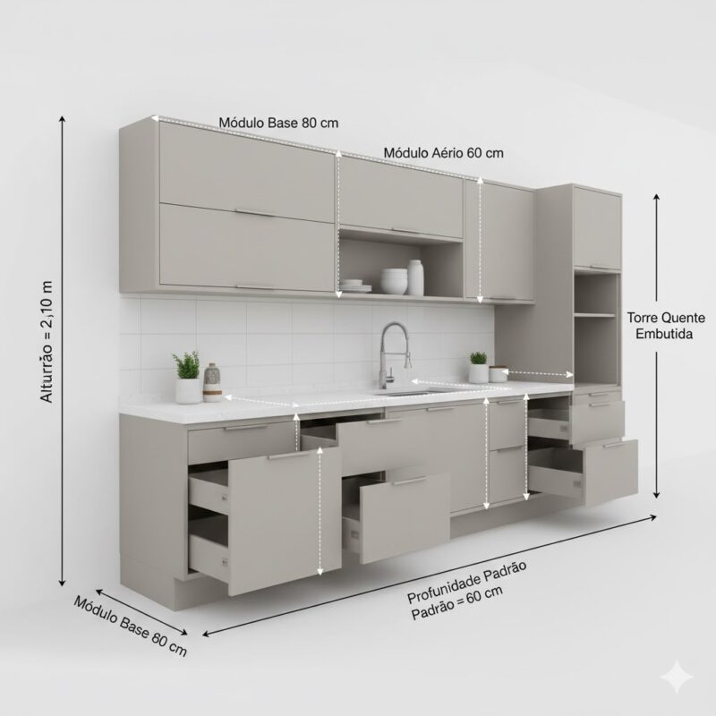 Cozinhas Modulares: guia de medidas padrão, materiais e planejamento